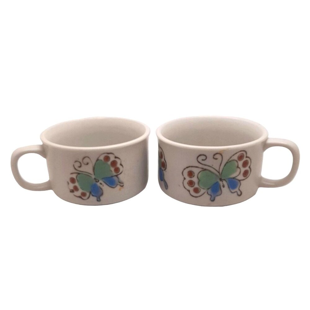 Vintage Butterfly Soup Bowls Cocoa Mugs Large Stoneware 16 oz MCM Boho